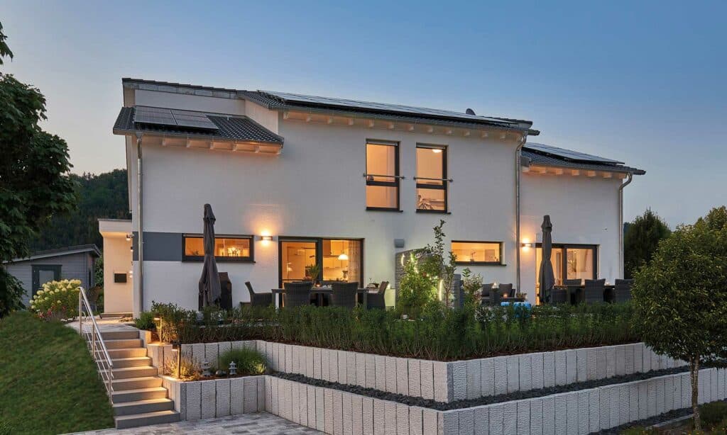 Garten Pultdach Mehrfamilienhaus Buchwald von Fertighaus WEISS