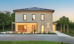 Dämmerungsaufnahme vom Musterhaus Urbanlife in Mannheim