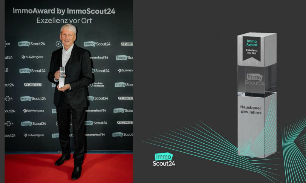 Preis für herausragende Leistungen im Fertighausbau: Am 18. November wurde in Stuttgart der ImmoAward 2025 von ImmobilienScout24 verliehen. Fertighaus WEISS wurde als „Hausbauer des Jahres“ in der Region Stuttgart und Umgebung ausgezeichnet.